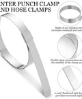25 Pack Center Punch Hose Clamps Five Eighth Inch Wide Four Inch Diameter 0.025 Inch Thick 201 Stainless Steel Preformed Band Clamps For Hose Ducting Pipes Cable Management And More shown in various views.