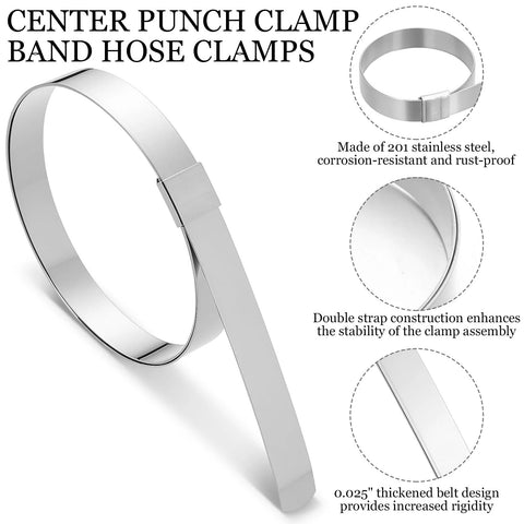 25 Pack Center Punch Hose Clamps Five Eighth Inch Wide Four Inch Diameter 0.025 Inch Thick 201 Stainless Steel Preformed Band Clamps For Hose Ducting Pipes Cable Management And More shown in various views.