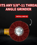 High Speed Satin Metal Finishing Disc For Angle Grinders Up To 3000 RPM Gives A Slick Very Fine Maroon Satin Finish Like 320 400 Grit On Aluminum And Stainless Steel Nine By Three By Five Eighths Inch With Standard Arbor installed on angle grinder