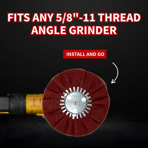 High Speed Satin Metal Finishing Disc For Angle Grinders Up To 3000 RPM Gives A Slick Very Fine Maroon Satin Finish Like 320 400 Grit On Aluminum And Stainless Steel Nine By Three By Five Eighths Inch With Standard Arbor installed on angle grinder