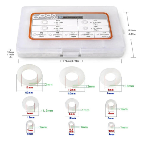 720 Piece Nylon Washer Kit With O Rings Seals Gaskets And Flat Spacers For M2 Through M12 White Plastic Washers case