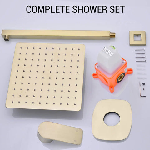 Pressure Balance Rain Shower System With Concealed Valve 10 Inch Rain Head Brushed Gold Finish All In One Easy Install Kit components