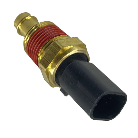 WEITARI engine coolant temperature sensor; brass threaded body, red sealant, black plastic connector (close-up)