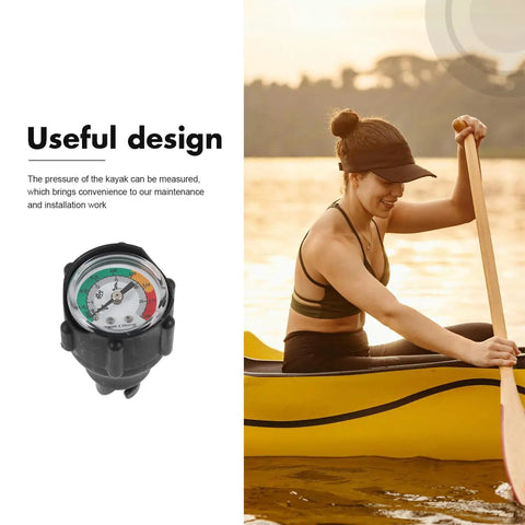 Inflatable Boat Air Pressure Gauge With Digital Display For Kayaks, Paddle Boards And Surfboards next to a person paddling a kayak
