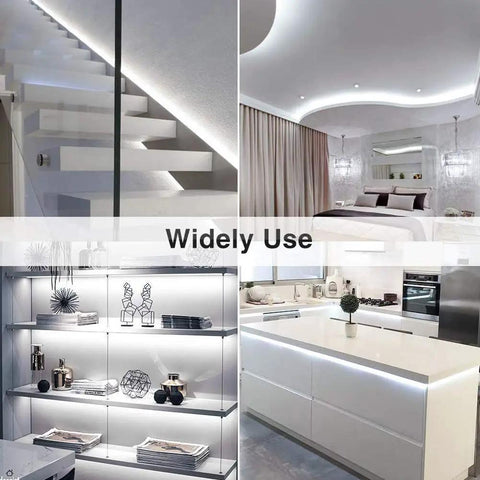 Ultra Bright White LED Strip Light 16.4 Ft 24V Daylight 6000K 6500K Dimmable Tape Light With Dimmer in varied indoor settings