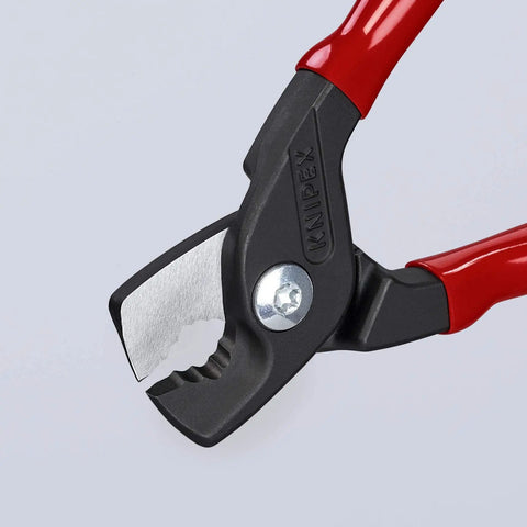 StepCut Cable Shears 6.25 Inch with Insulated Grips for cutting copper and aluminum wire, close-up of red handles and blades.