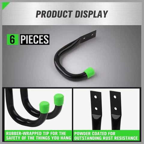 Heavy Duty Garage Storage Hooks 6 Pack For Wall Mounting, Black Tubular Metal Utility Hangers, Rust Resistant, Rubber Tips