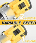 Close-up of Cordless Drill Driver Half Inch Chuck, Two Speed Modes, 25+3 Clutch, showing speed settings 0-2100 and 0-600 RPM.