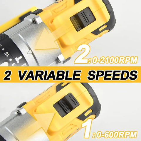 Close-up of Cordless Drill Driver Half Inch Chuck, Two Speed Modes, 25+3 Clutch, showing speed settings 0-2100 and 0-600 RPM.