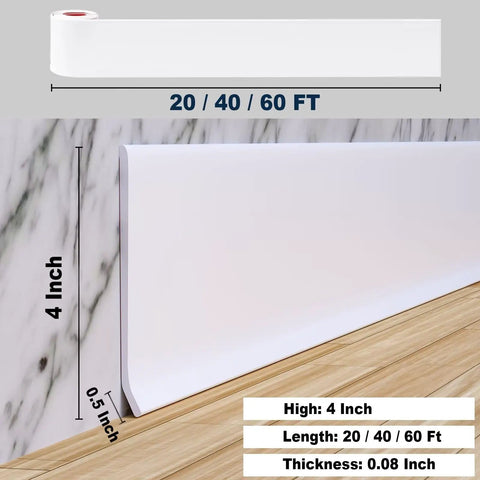 Flexible Baseboard Molding Trim 4 Inch Wide 20 Feet Long Peel And Stick Self Adhesive Vinyl Wall Base Cove Base Rubber Construction For Easy Wall Protection And Stylish Finish In Any Room shown installed on wall