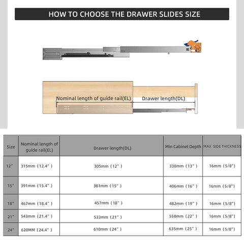 Diagram showing size options for 15 Inch Soft Close Undermount Drawer Slides Full Extension 80 Lb Heavy Duty Concealed Rails With Rear Mount Brackets For Five Eighths Inch Side Thickness Easy Install For Face Frame Or Frameless Cabinets 1 Pair, including dimensions and side thickness.