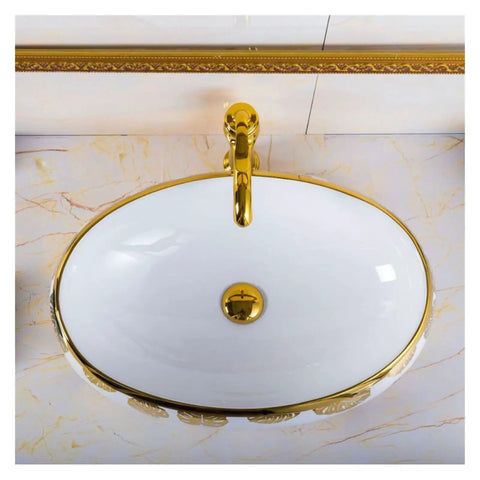 Bathroom Sink Hotel Bathroom Wash Basin Oval Above Table Basin Gold Leaf Flower Art Basin Decorative Wash Basin Bathroom Sink Vessel viewed from above.