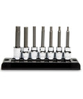 Seven Piece Three Eighths Inch Drive Mid Length Hex Bit Socket Set SAE and Metric on black holder