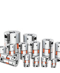 Premium Aluminum Shaft Coupler With Two Jaw Design And Plum Spider Clamping For Motor Encoder Connection Ranging From 5mm To 14mm sizes.
