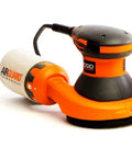 3 Amp 120V 5 Inch Random Orbit Sander With AirGuard Dust System Pro Grade Variable Speed Dial Permanent Magnet Motor For Steady Power Under Load Hex Grip Micro Texture For Comfort Durable Build Renewed ZRR2601, showing side view with AirGuard dust bag attachment.