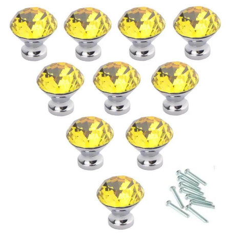 Dime Notch Quality 10 Pack Yellow Diamond Crystal Cabinet Knobs, 30mm, heavy duty drawer pulls with matching screws.