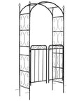84 Inch Garden Arch Arbor With Gate And Metal Trellis Archway For Climbing Vines Wedding Ceremony Decor Elegant Flourishes And Arrow Tip Finials Lockable Gate Black
