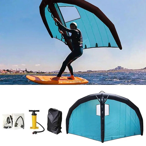 Inflatable Foil Wing For Wind Wing Foiling, 5m2 Handheld Wing With Window Design, Dope Portable Kitesurfing Gear, shown in use.