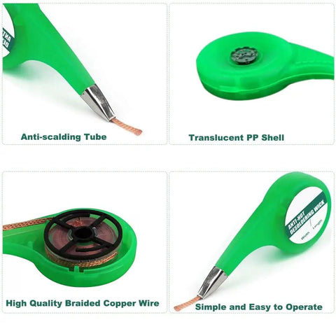 Low Residue No Clean Desoldering Wick Braid 2mm Width 2m Length With Thumb Wheel Dispenser showcasing anti-scalding tube, PP shell, copper wire