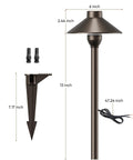 Low Voltage Landscape Lighting 12 Pack Aluminum 12V Pathway Lights With G4 Bulbs Waterproof Oil Rubbed Bronze Finish Built To Last Outdoor Walkway Garden Lights With Connectors And Replaceable Bulbs For Easy Install featuring detailed measurements including a 6-inch diameter shade, 13-inch post, and 47.24-inch wire length, depicted with connectors and ground stakes.