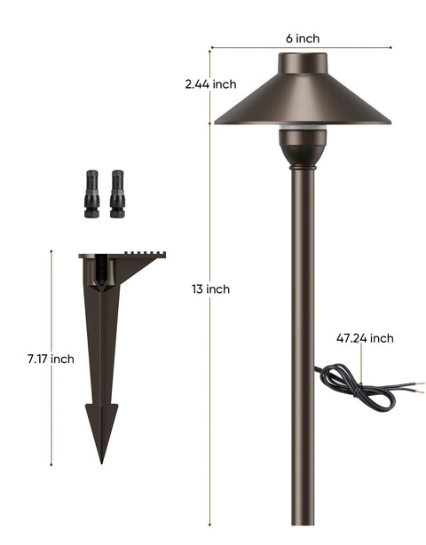 Low Voltage Landscape Lighting 12 Pack Aluminum 12V Pathway Lights With G4 Bulbs Waterproof Oil Rubbed Bronze Finish Built To Last Outdoor Walkway Garden Lights With Connectors And Replaceable Bulbs For Easy Install featuring detailed measurements including a 6-inch diameter shade, 13-inch post, and 47.24-inch wire length, depicted with connectors and ground stakes.