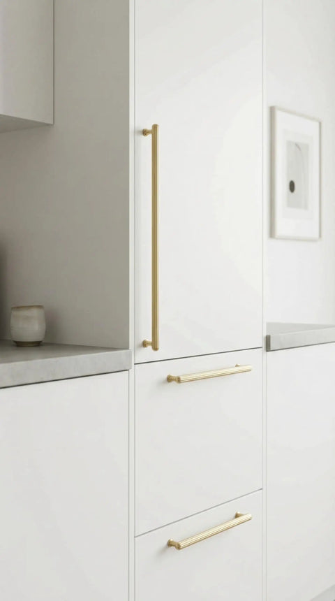 Go-To Champagne Bronze Cabinet Pulls Set Of 6 With Ribbed Knurled Texture And Anti Fingerprint Finish on white kitchen cabinets