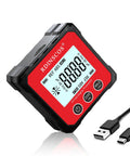 Rechargeable Digital Angle Finder Featuring Straight Up Tough V Shape Magnet And Auto Rotating Backlit Display, red digital gauge with USB cable.