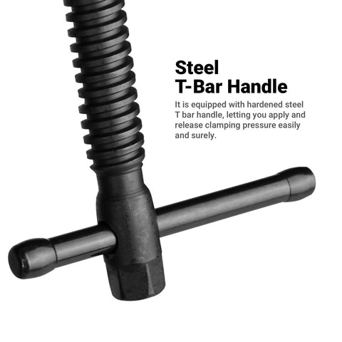 Close-up of steel T-bar handle on Beefy 20-Inch Heavy Duty All Steel F-Style Bar Clamp With 5-1/2 Inch Throat and 2645 Lb Clamping Force