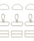 15 Piece Top Shelf Metal Swivel Snap Hooks And D Rings With Tri Glide Slide Buckles For Lanyard Purse Bag Straps And Dog Collars Straight Up Diy Sewing Hardware Kit In Smooth Silver, showing metal clips and sliders.