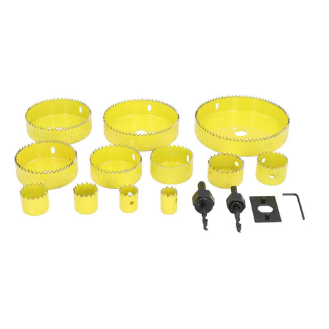 16 Piece Hole Saw Kit With High Speed Steel Cutting Tools Made For Electricians And Workshop Pros Who Wanna Cut Cleanly Through Wood And Metal Without Breaking A Sweat Or Spending All Day On The Job. 16-piece HSS hole saw set with arbors and hex key