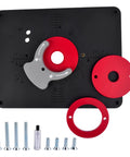 Universally Compatible Router Table Insert Plate Set With Pre Drilled Holes For Quick Installation, Heavy Duty Metal Plate in black with red rings and mounting hardware