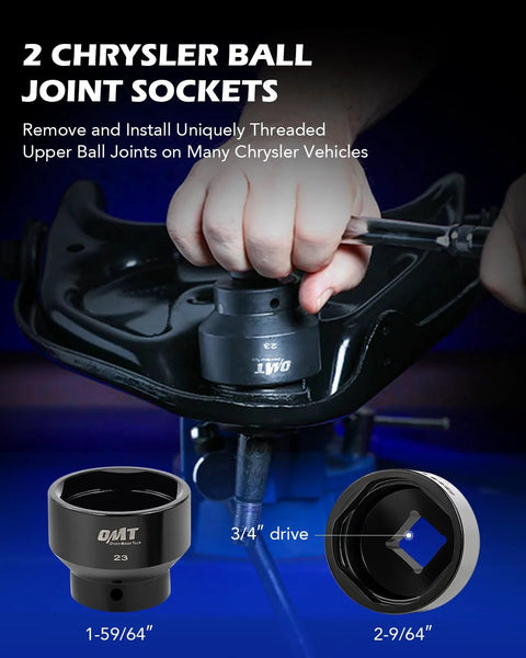 Orion Motor Tech ball joint press kit, 23pc, with 3/4 in drive; includes 2 Chrysler ball joint sockets.
