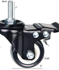 2 Inch Caster Wheels With M8x25mm Threaded Stem, 360 Degree Swivel With Double Brakes, Industrial Polyurethane Casters For Carts.