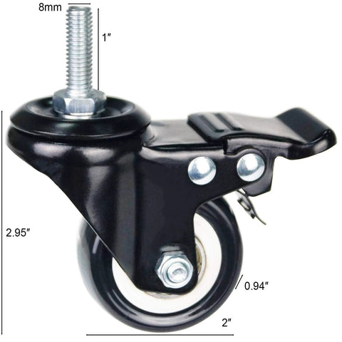 2 Inch Caster Wheels With M8x25mm Threaded Stem, 360 Degree Swivel With Double Brakes, Industrial Polyurethane Casters For Carts.
