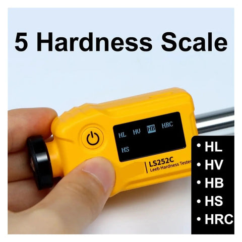 Heavy Duty Portable Digital Hardness Tester For Steel And Cast Iron Featuring Dead Nuts Accurate Leeb Gauge Readings showing five hardness scales on display.