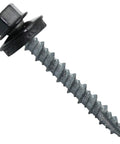 Top Shelf Black Metal Roofing Screws With A Classic Hex Washer Head And Dependable Heavy Duty Rubber Seals For No Sweat Self Drilling Installation On Lasting Roof Panels In A Trustworthy 250 Piece Supply. Close-up of hex washer head screw.