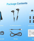 Package contents of Dope Waterproof MP3 Player With Screen IPX8 8GB for surfing and swimming; includes earbuds, cables, manual.
