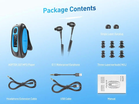 Package contents of Dope Waterproof MP3 Player With Screen IPX8 8GB for surfing and swimming; includes earbuds, cables, manual.