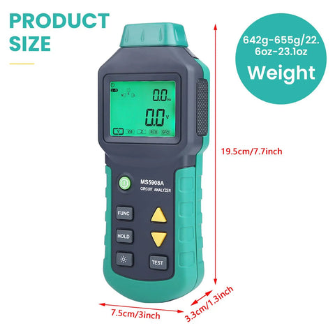 LCD Circuit Analyzer With Backlit Display And Data Retention, RMS Voltage Tester for AC 100-240V, product dimensions shown