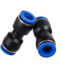 Push-to-connect straight pneumatic tube fittings, 4mm OD x 4mm OD, black plastic body with blue ends, pack of 10