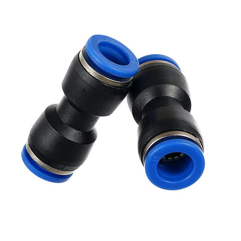 Push-to-connect straight pneumatic tube fittings, 4mm OD x 4mm OD, black plastic body with blue ends, pack of 10
