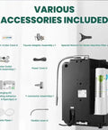 Top Tier Alkaline Water Ionizer Machine With Eight Titanium Plates For Crisp Daily Sips And Quick Cleanse showing included accessories like faucet adapter and power cord.