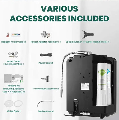 Top Tier Alkaline Water Ionizer Machine With Eight Titanium Plates For Crisp Daily Sips And Quick Cleanse showing included accessories like faucet adapter and power cord.