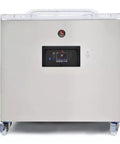 Straight Up Heavy Duty Floor Standing Commercial Vacuum Chamber Sealer Featuring Dual 33 And 21 Inch Stainless Steel Bars Sensor Controlled Pump Bluetooth Hookup Double Seal Design For Kitchen Crews with digital control panel.