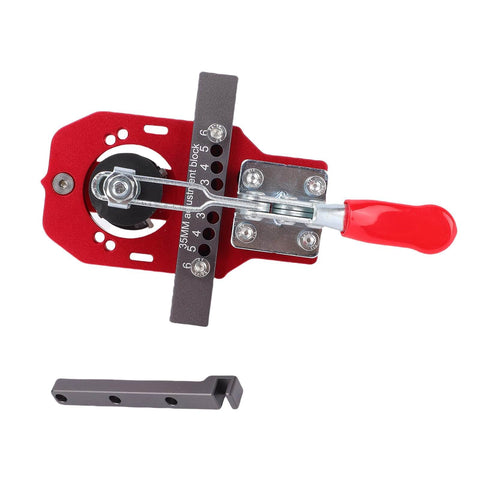 Concealed Hinge Jig With Precision Drill Guide And Adjustable Depth Quick Clamp for cabinet doors, red metal tool top view