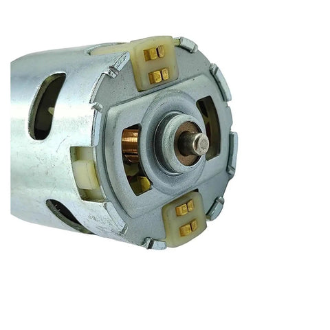 Close-up of Compact Small Rs-855 Electric Motor DC Unit showing contacts and rotor; ideal for 12V, 14.4V, 18V use at 26000RPM.
