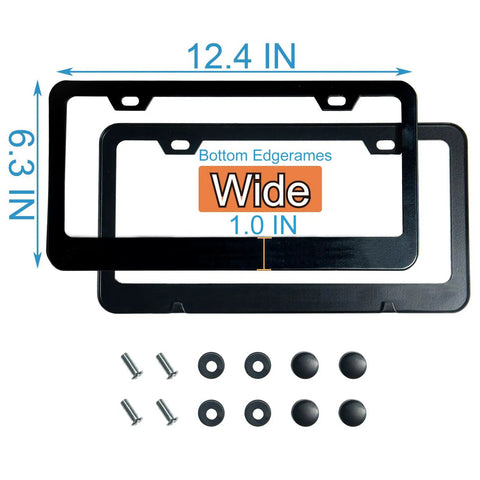 2 Pack Matte Black License Plate Frames With 2 Holes Stainless Steel Rust Proof Car Plate Holder Universal Fit For All US License Plates With Screws Included And Easy Install shown with screws and size dimensions.