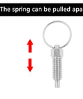 Top Shelf Stainless Steel Spring Plunger With Pull Ring, Retractable Nonlocking Index Pin, 360 Degree Rotate Mount, Rustproof Heavy Duty Hardware, No Fuss 2 Pack Metric Kit with visible pull ring feature.