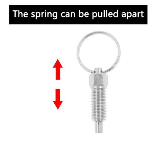 Top Shelf Stainless Steel Spring Plunger With Pull Ring, Retractable Nonlocking Index Pin, 360 Degree Rotate Mount, Rustproof Heavy Duty Hardware, No Fuss 2 Pack Metric Kit with visible pull ring feature.