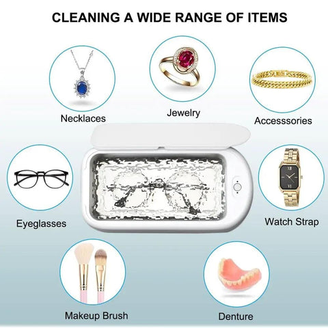 Diagram of All In One Ultrasonic Glasses And Jewelry Cleaner 640ML 48KHz Powerful Sonic Cleaning Machine cleaning various items.
